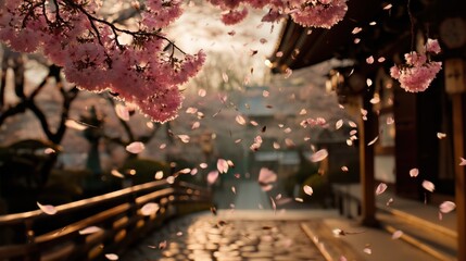 Falling cherry blossoms create a magical scene at a Japanese temple, sunlight illuminating pink petals in gentle breeze. Tranquil, serene atmosphere. : Generative AI