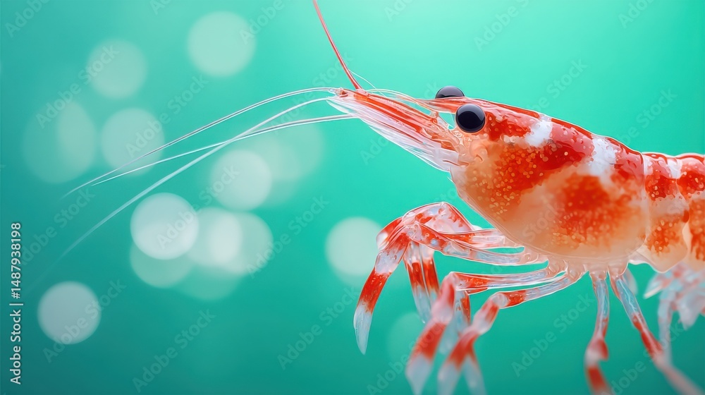 Poster close-up of a vibrant red shrimp, showcasing its intricate details against a teal bokeh background. 