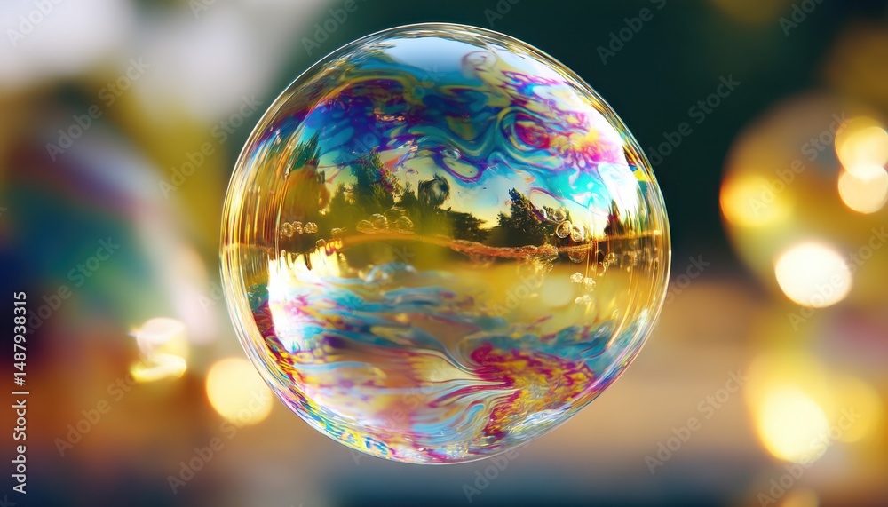 Poster a large, iridescent soap bubble floats in the air, reflecting a blurred landscape of trees and sky. 