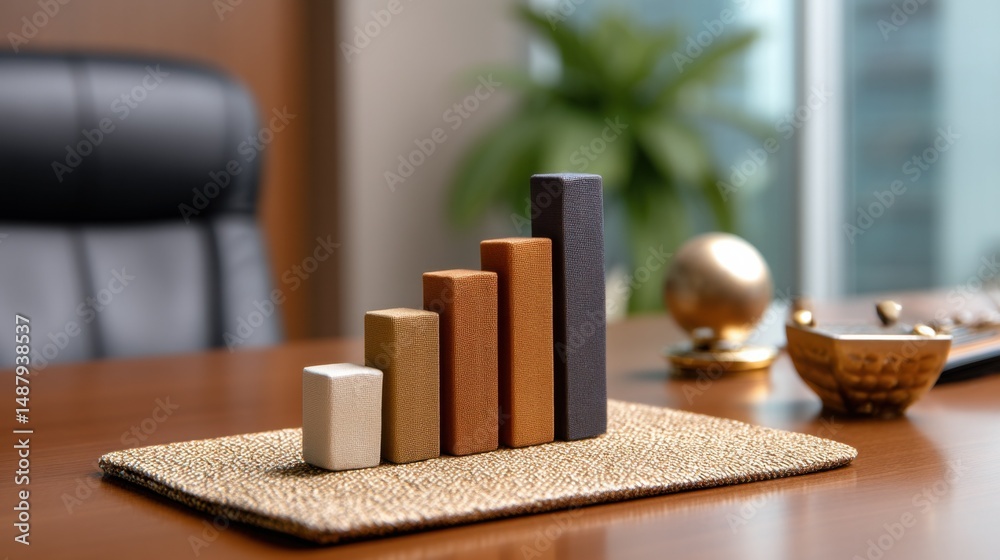 Fototapete Ascending textured blocks representing growth on a gold textured surface, in a modern office setting with blurred background. : Generative AI