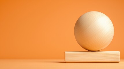 A perfectly balanced light wooden sphere rests delicately atop a simple rectangular wooden block against a warm orange background.