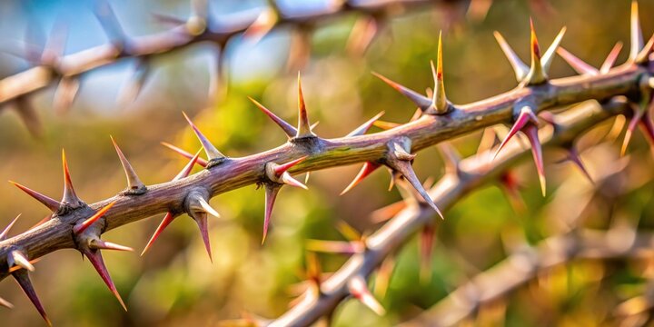 A close-up image of a thorn bush with sharp spiky branches , thorns, outdoor