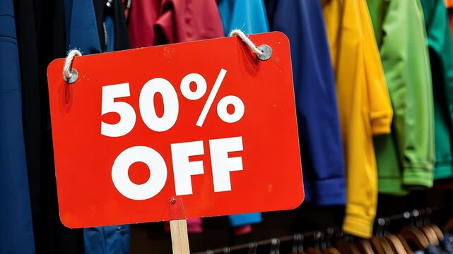 Red sale sign displaying 50% off in front of colorful jackets  