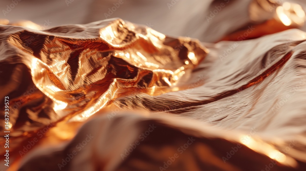 Leinwandbilder close-up view of shimmering rose gold fabric, elegantly draped and reflecting light, showcasing its 