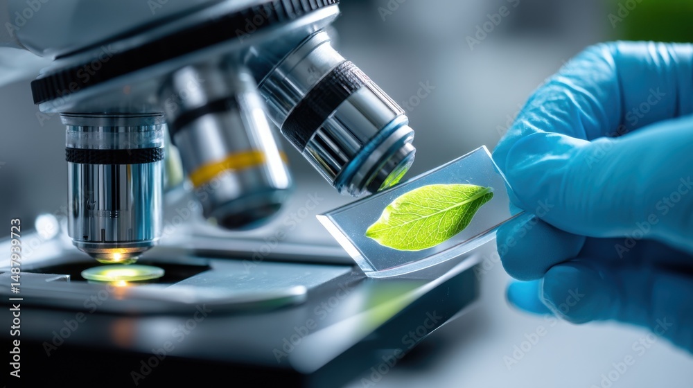 Poster a scientist's gloved hand carefully positions a leaf sample on a microscope slide, ready for detaile