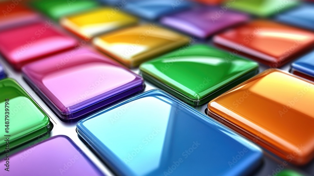 Poster Close-up view of vibrant, glossy squares in assorted colors arranged in a grid pattern, showcasing a spectrum of hues and reflective surfaces. : Generative AI