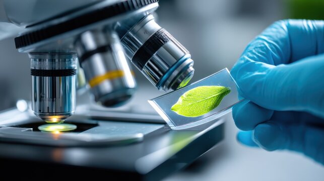 A scientist's gloved hand carefully positions a leaf sample on a microscope slide, ready for detailed examination under a powerful microscope. : Generative AI