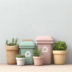 A pastel assortment of recycling bins and potted plants showcases sustainable urban farming in a minimalistic arrangement promoting eco-conscious living nicely here.