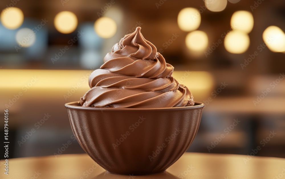 Poster a delicious serving of chocolate frozen yogurt, swirled and creamy, sits in a brown bowl on a table 