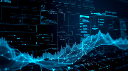 Futuristic digital interface with AI and neural network visualization background