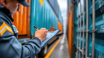 Security officer meticulously reviewing paperwork near cargo containers at a bustling port, ensuring efficient logistics and safety. : Generative AI