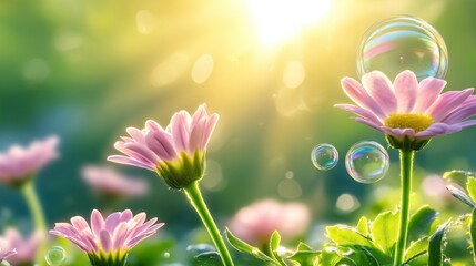 Pink daisies bathed in sunlight, with iridescent soap bubbles floating nearby, creating a cheerful, spring-like scene. : Generative AI