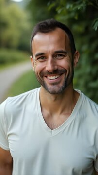 A cheerful White man in a beige t-shirt beams while standing on a serene green pathway surrounded by lush trees on a sunny day