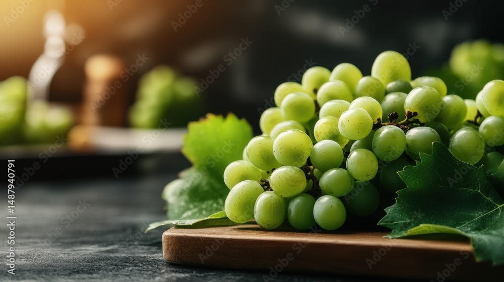 Poster close-up of a bunch of fresh green grapes on a wooden board, illuminated by soft sunlight, with blur