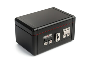 Sleek black security box with dual locks, placed on a clean surface, ideal for safe storage solutions