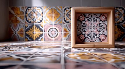 Colorful patterned tile floor wooden tray