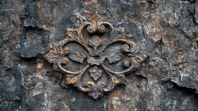 Antique Stone Carving: A Golden Floral Emblem on Weathered Rock - Powered by Adobe
