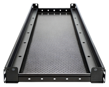 Heavy-duty perforated metal tray for industrial use on a transparent background