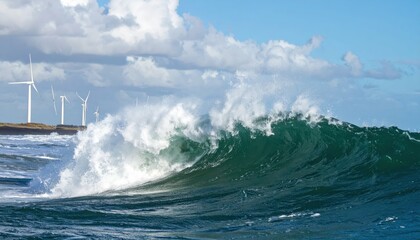 Obraz premium Rogue Waves Hitting Offshore Wind Farm and Damaging Turbines
