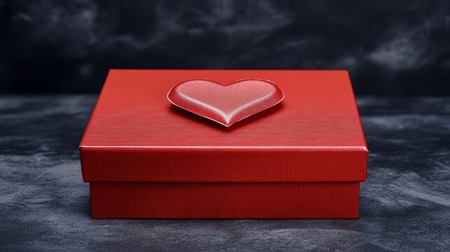 Red gift box with heart-shaped decoration on dark background.