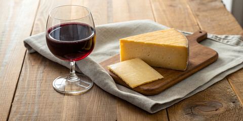 Aged cheddar cheese paired with red wine on wooden table setting