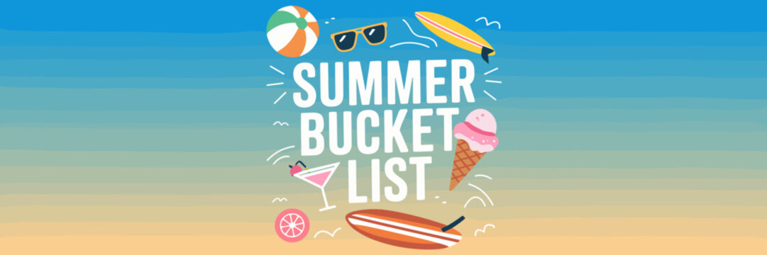 Vector icon of summer bucket list with beach ball, sunglasses, and ice cream &ndash; Great for seasonal printables, children&rsquo;s activity sheets, or summer-themed digital products.