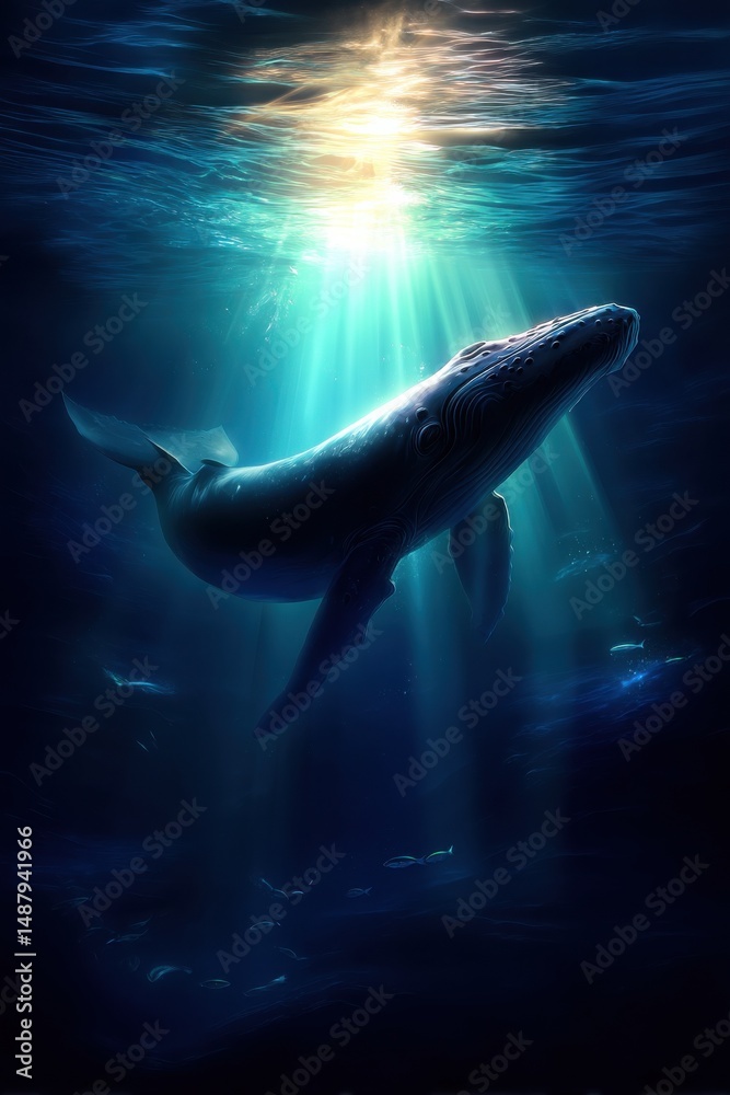 Poster majestic humpback whale gracefully swims in deep ocean, sunlight rays illuminating its form, small f