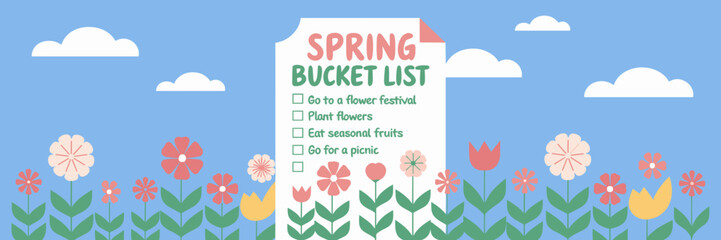 Spring bucket list with activity checkboxes under blue sky with fluffy clouds