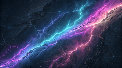 Fototapeta premium Abstract depiction of celestial storms with colorful electric bolts across cosmic dark tiles