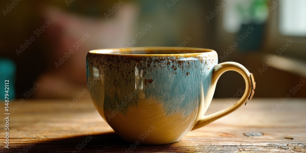 Poster a rustic, blue and beige ceramic mug sits on a wooden table, bathed in warm sunlight. the mug's glaz