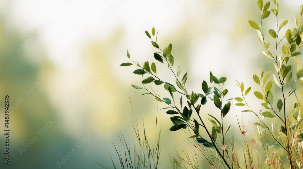 Poster Serene springtime scene featuring delicate green leaves on slender branches, gently swaying in a soft, sunlit meadow with blurred background. : Generative AI