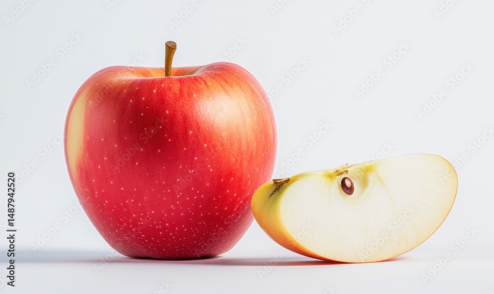 Poster a whole red apple and a cross-section slice are displayed against a bright white background, showcas