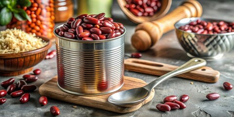 A can of red beans opened on a kitchen counter , kitchen utensils, opened tin,  kitchen utensils