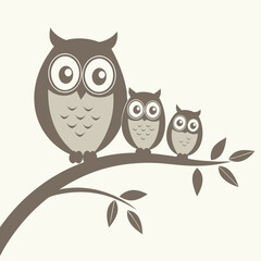 Fototapeta premium Three Graduated Owl Silhouettes on Curved Branch – Warm Gray Minimalist Nursery Wall Art on Oatmeal