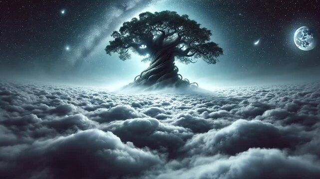  雲海の木にゆっくりとズーム