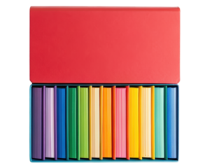Collection of small colorful books in a storage box on a transparent background