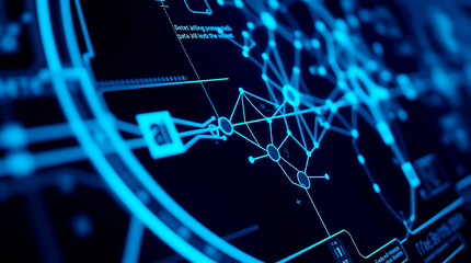 Futuristic digital interface with AI and neural network visualization background