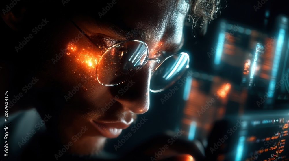 Poster close-up portrait of a young man wearing glasses, illuminated by warm orange and cool blue light, fo