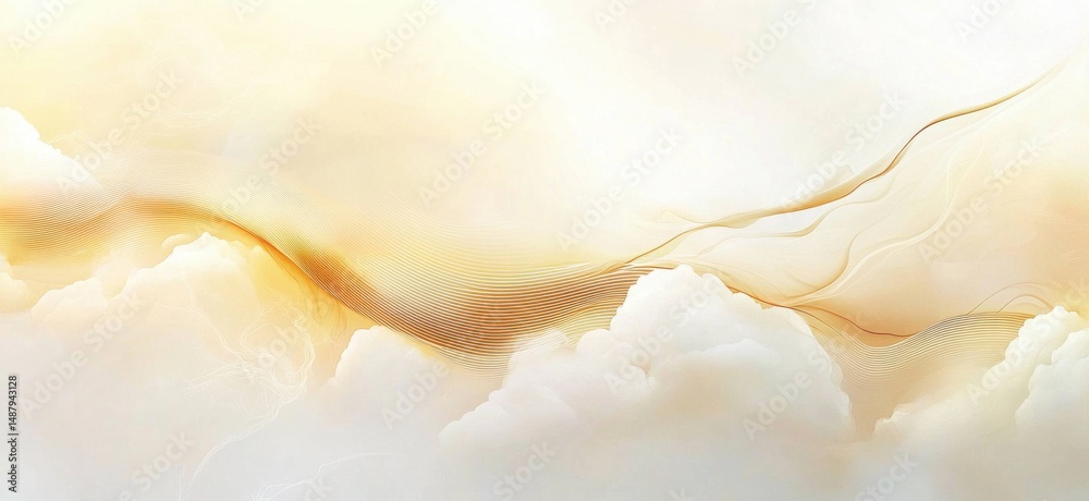 Poster Abstract golden waves flowing over soft white clouds, creating a serene and dreamy atmosphere.  Perfect for backgrounds, websites, or design projects needing a calming, elegant feel. : Generative AI