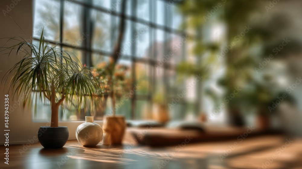 Poster dracaena marginata plant in a dark gray pot, next to a light beige vase, sits on a wooden floor in f