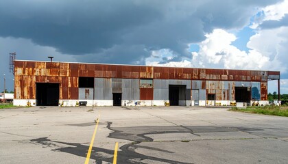 Fototapeta premium Rusty Warehouse with Mezzanine and Loading Docks under Stormy Skies