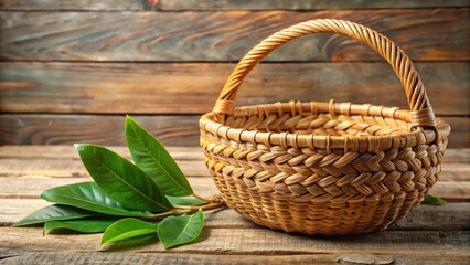 Fototapeta premium Natural fiber woven basket with wooden handle and leaves, craft, handmade, craft, handmade, village life