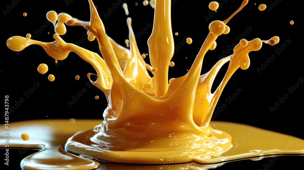 Poster Dynamic splash of vibrant yellow liquid, creating a crown-like shape against a stark black background.  The liquid's texture is smooth and glossy, with droplets suspended in mid-air. : Generative AI