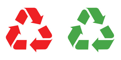 Red recycle symbol, green recycle symbol, recycling arrows, environmental icon, isolated on transparency background