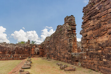 Stone walls at the ruins of San Ignacio in Misiones, Argentina.