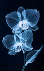 Ethereal Orchid Flowers in Blue Tones on Dark Background, Delicate Floral Design