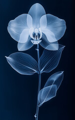 X-Ray Style Orchid Flower with Leaves on Dark Blue Background, Botanical Illustration