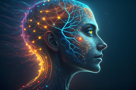 3D illustration of a woman’s head with brain and skull details, blending anatomy and abstract concepts, showcasing the mind and psychology in a digital, robotic style