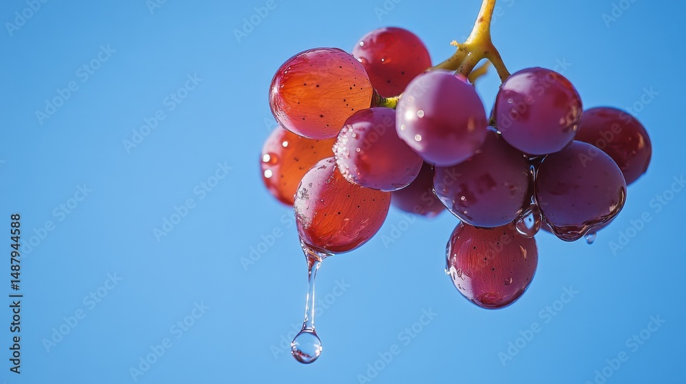 Poster Close-up of a bunch of red grapes hanging from a vine, with a single drop of water dripping from one grape against a clear blue sky. : Generative AI