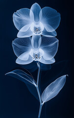 X-Ray Style Image of Two Orchid Flowers and Leaves on Dark Blue Background